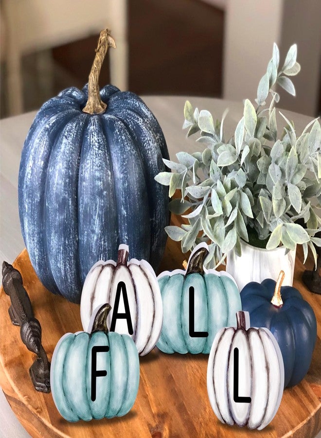 YUJUN 4 Pieces Fall Pumpkin Wooden Signs Decoration,Blue Autumn Tiered Tray Pumpkin Tabletop Decor for Thanksgiving Fall Home Kitchen Harvest Party Decor Supplies - Image 5